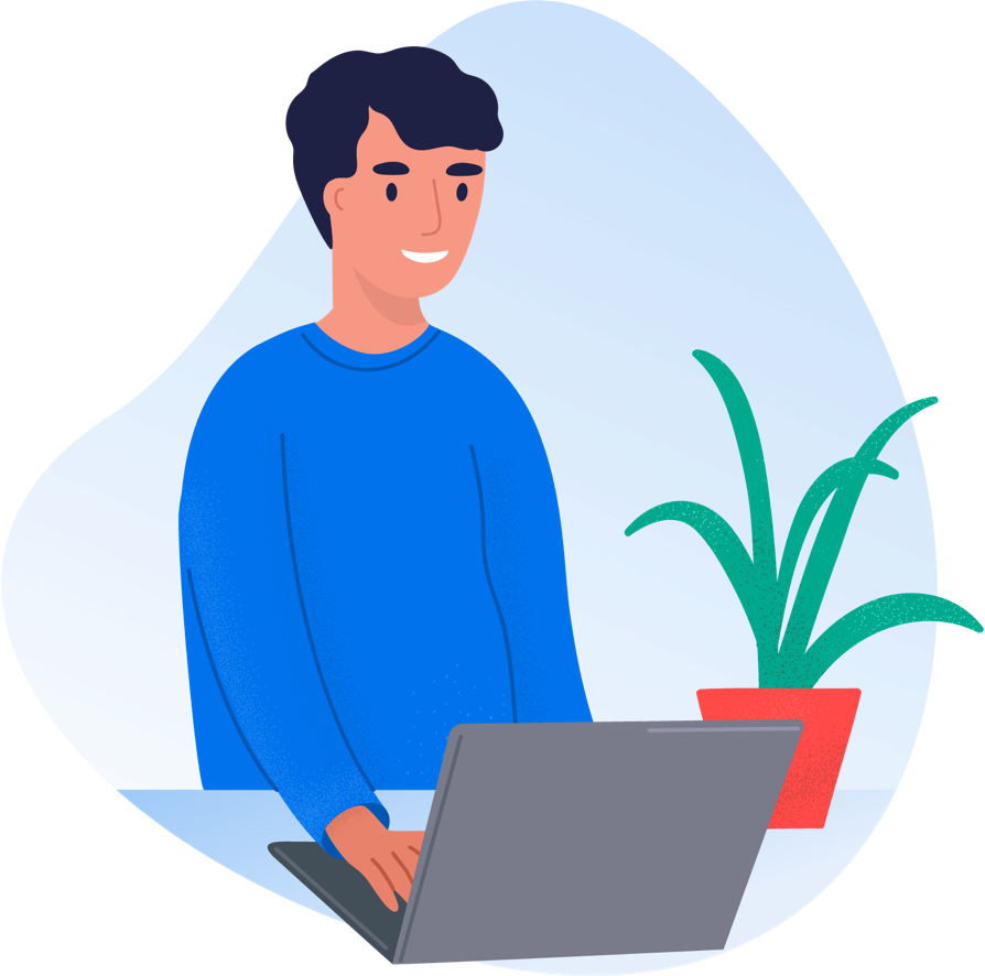 a person smiling at a comoputer