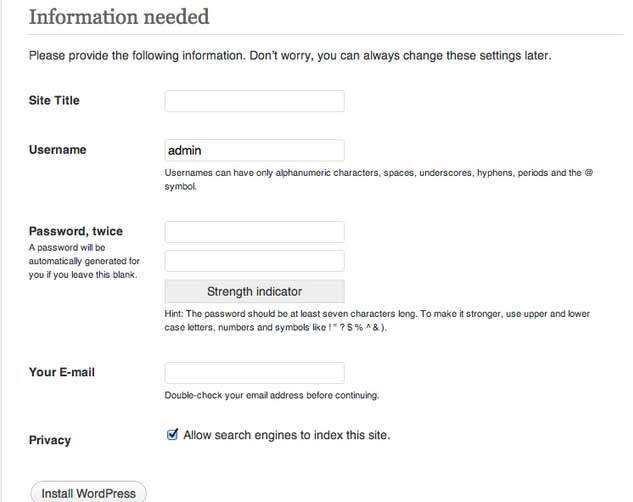 WordPress Admin setup screens asks for Site Title, Username and Passwords.