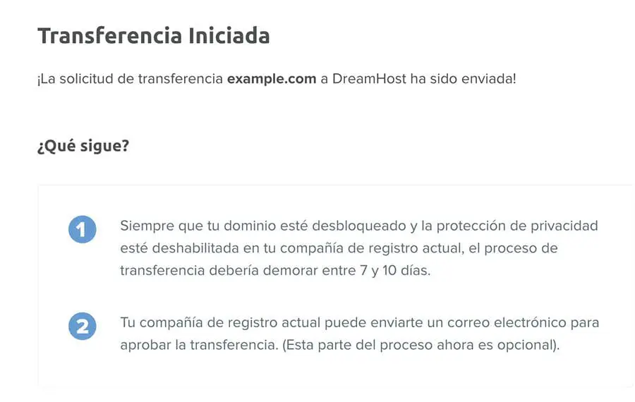 Notificación mostrando ‘Transferencia iniciada’ enviado y siguientes pasos.