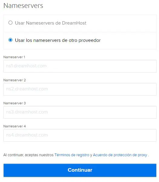 Llenando la información de nameservers con la opción “Usar los nameservers de otro proveedor” seleccionada.