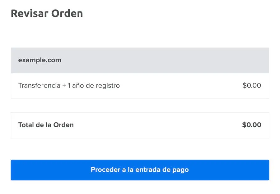 Revisando el total de la orden para example.com ‘Transferencia + 1 año de registro’