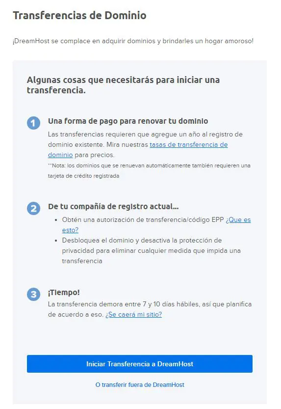 Lista de información de DreamHost sobre lo que necesitas saber antes de comenzar una transferencia de dominio.
