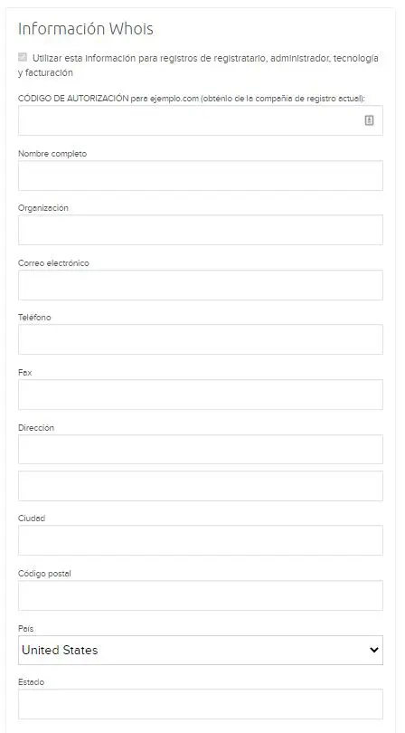 Campos de información WHOIS que deben ser llenados.