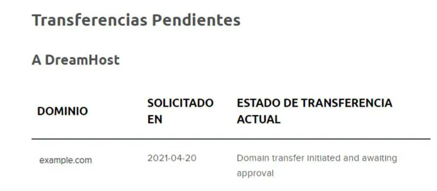Ejemplo de una transferencia pendiente en el panel de DreamHost.