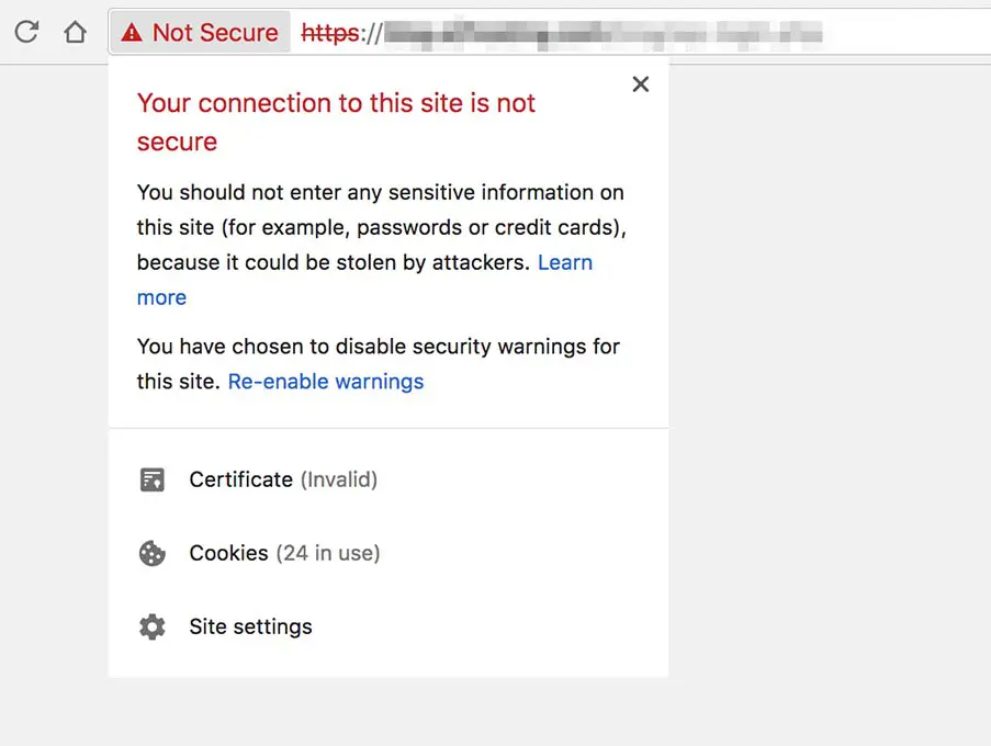 notificação do navegador de conexão do site não segura