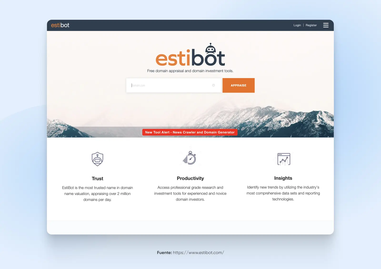 Página avaluación de dominios, estibot