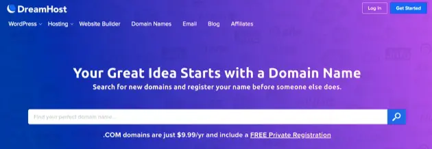 Strona wyszukiwania nazw domen DreamHost.