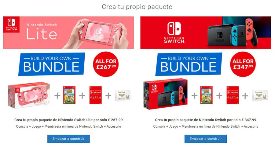 Ejemplo de “crea tu propio paquete” de productos de Nintendo.