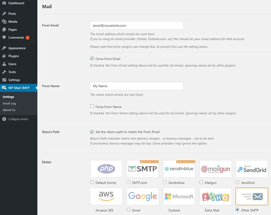 La pantalla de configuraciones de WP Mail SMTP.