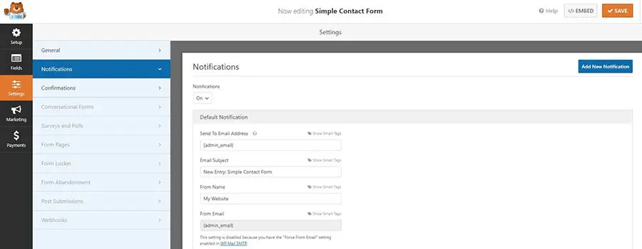 La página de configuración WPForms.