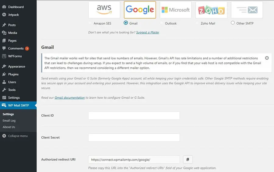 Configuración de WP Mail SMTP para el mailer de Gmail.