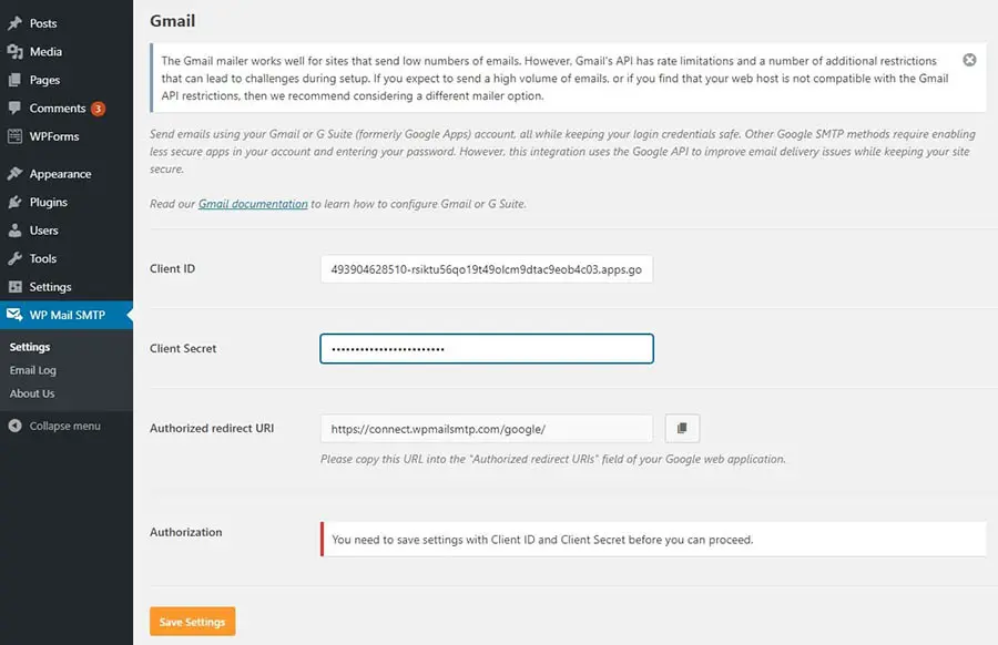 Añadiendo el client ID y client secret a WP Mail SMTP.
