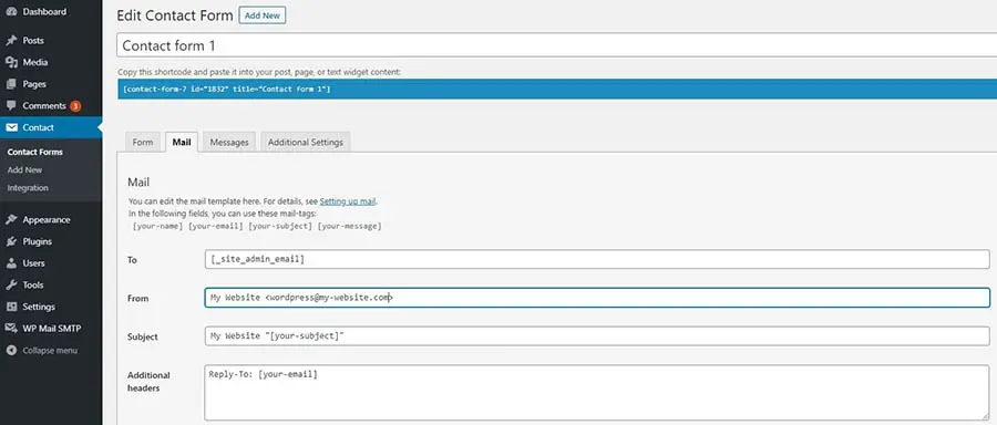 La página de configuración de Contact Form 7.