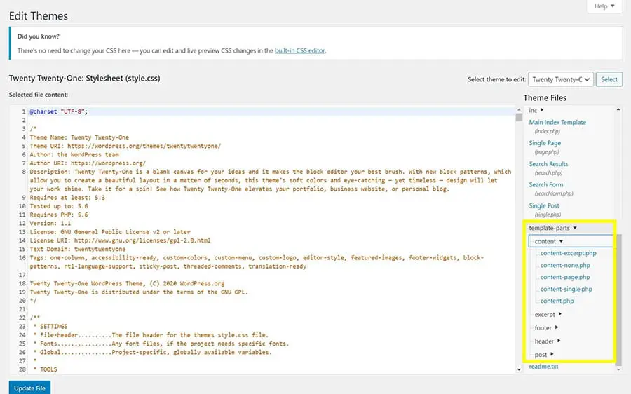 Template parts en el editor de tema de WordPress.
