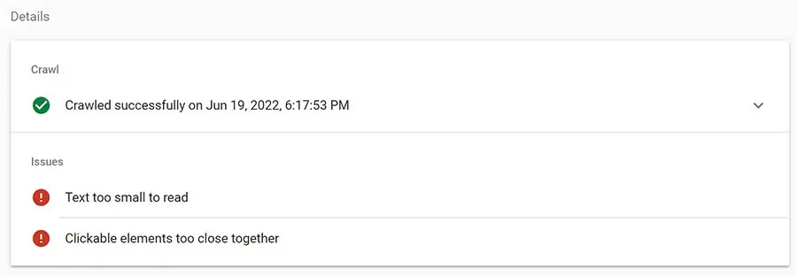 Sugerencias de optimización móvil en la herramienta Mobile-Friendly Test.