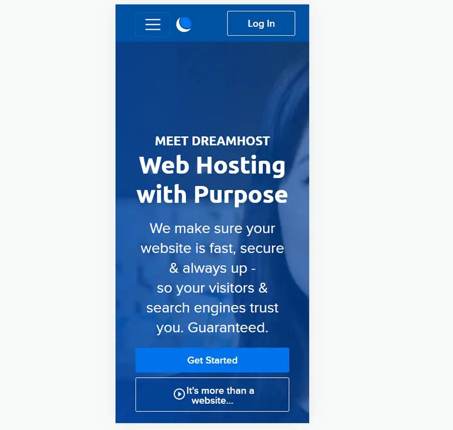 Домашняя страница DreamHost на мобильном устройстве.