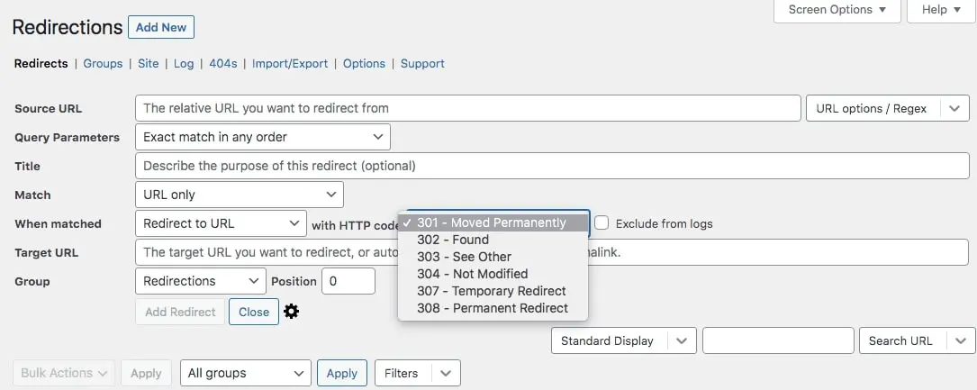 Redirection Plugin erweiterte Optionen Bildschirm
