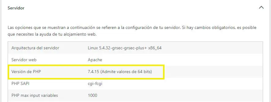 Versión PHP del servidor