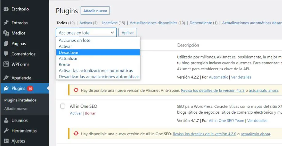 Desactivando plugins