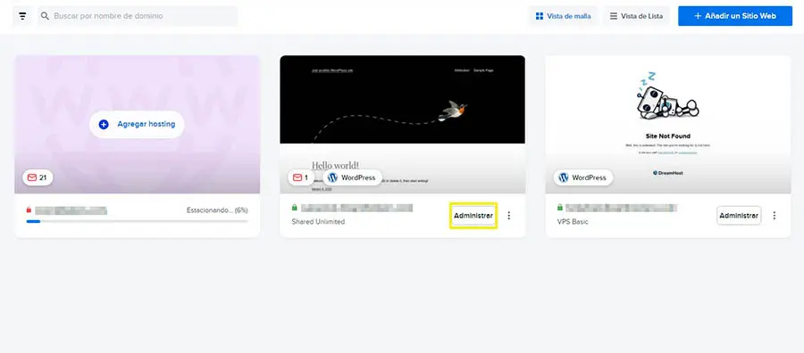 Botón “administrar” de sitio web en DreamHost