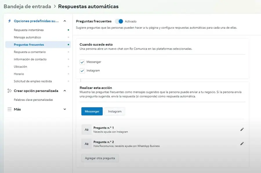 Cómo agregar preguntas frecuentes para Messenger e Instagram usando Meta Business Suite.