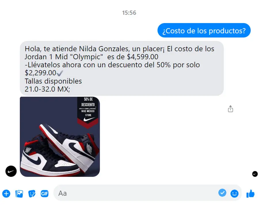 Una respuesta automática contextual que incluye el precio de un producto.