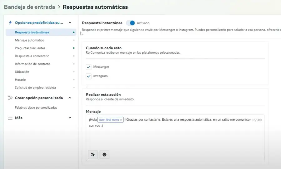 Configurar respuestas instantáneas usando Meta Business Suite