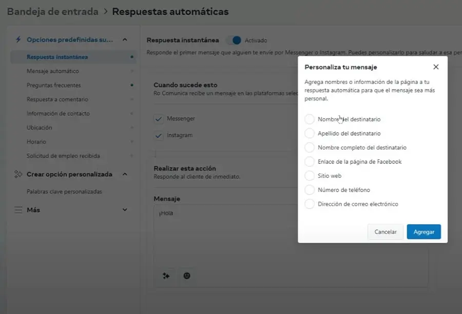 Cómo personalizar respuestas instantáneas en Meta Business Suite.