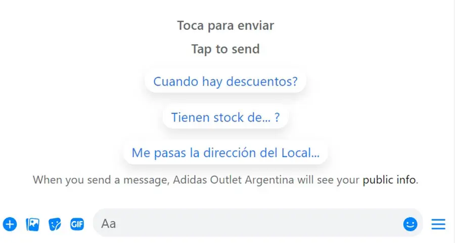 Un chat por Messenger con opciones de conversación.