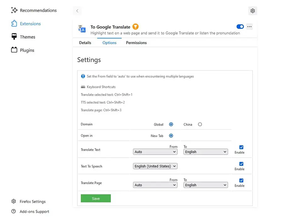 Opciones de la extensión ‘To Google Translate’