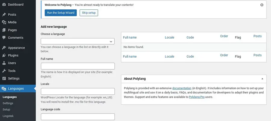 Las configuraciones del plugin Polylang.
