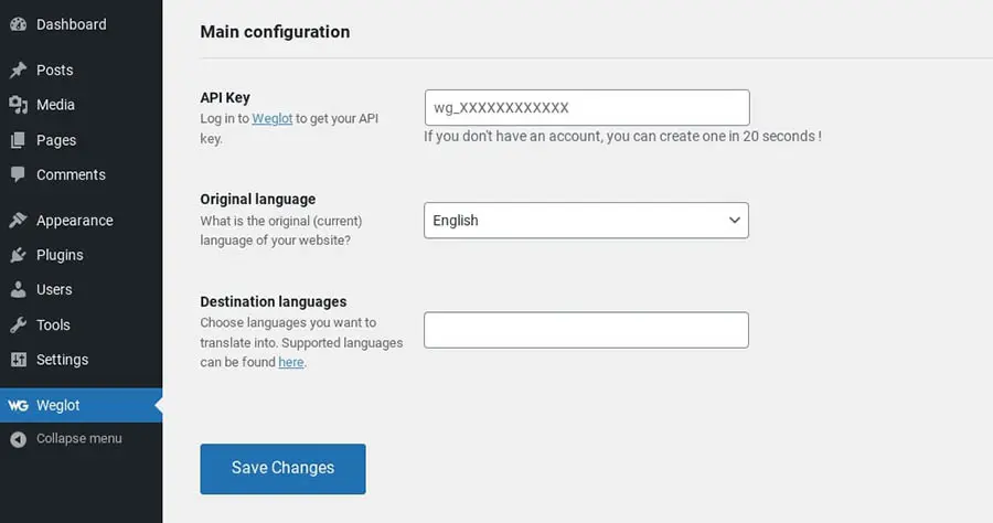 Página de configuraciones de Weglot.