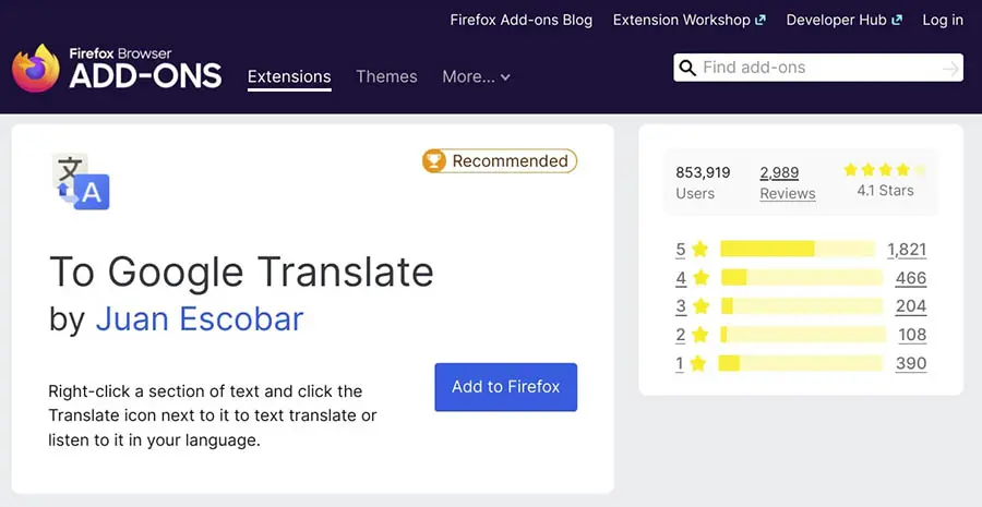La extensión de Firefox To Google Translate