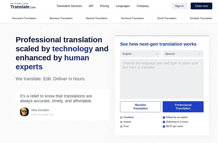 La página inicial de Translate.com