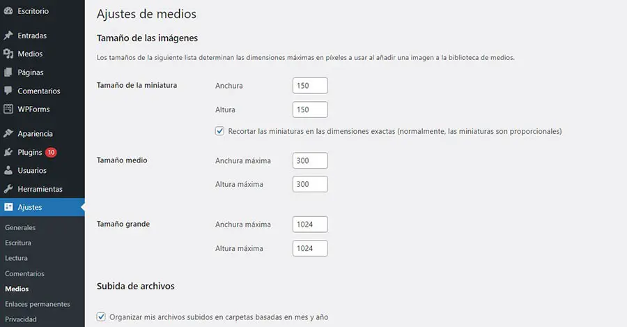 Pantalla configuraciones medios panel WordPress