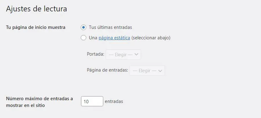 ajustes de lectura en WordPress
