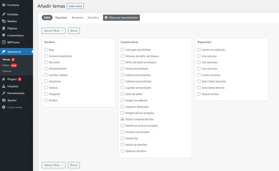 La opción ‘Full Site Editing’ en WordPress.