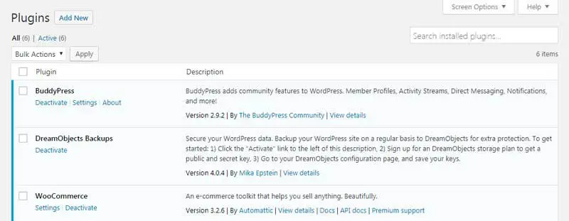 Plugins Activos panel de WordPress