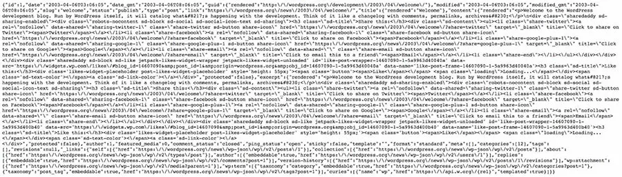 Archivo código JSON obtenido con REST API de WordPress