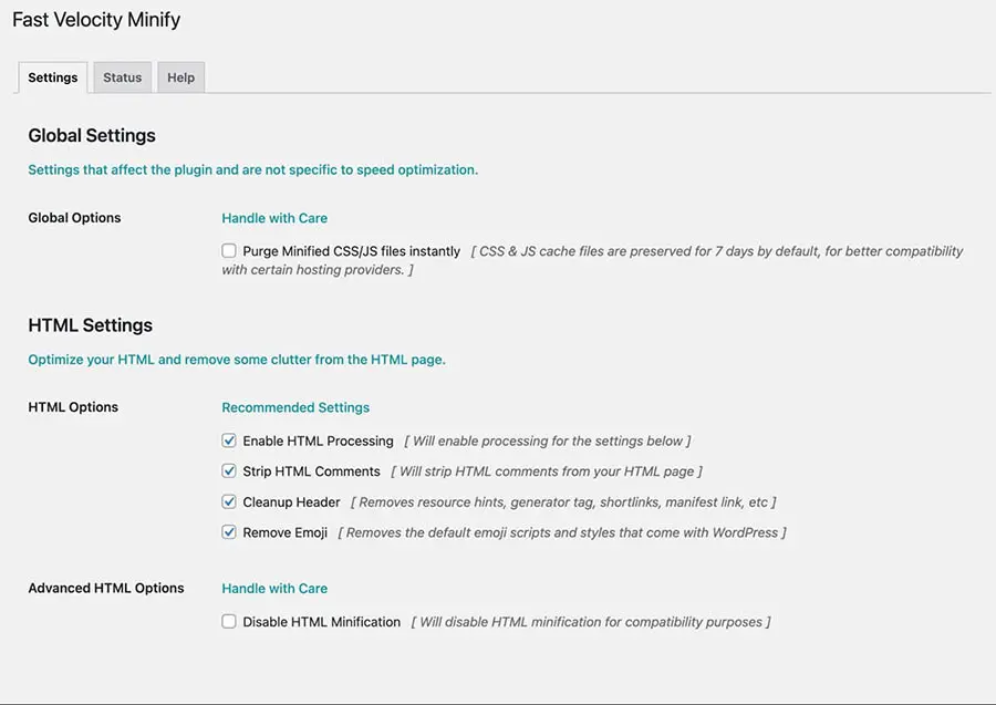 Opciones de configuración del plugin Fast Velocity Minify