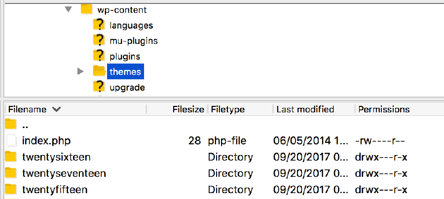Carpeta Themes de una instalación de WordPress a través de FTP