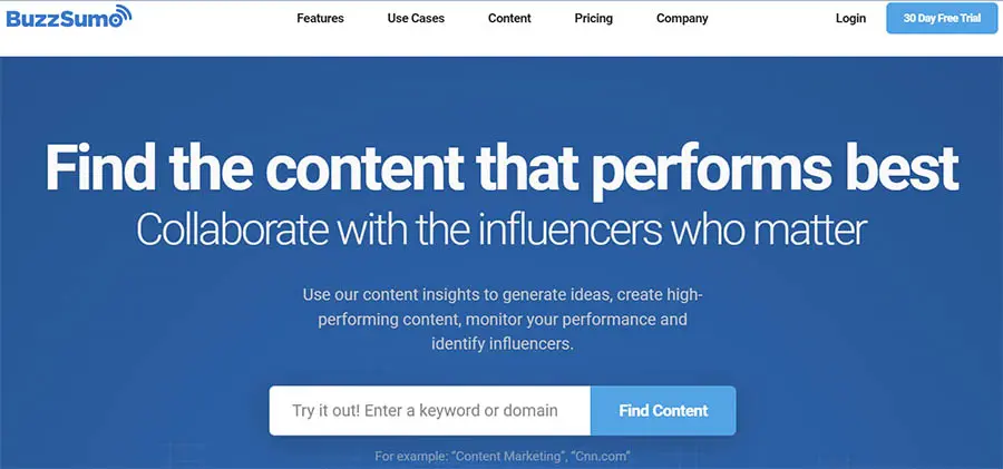 Página de la herramienta de analíticas de redes sociales, BuzzSumo.