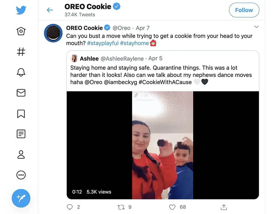 Ejemplo en el Twitter de Oreo, de una publicación con alto engagement.