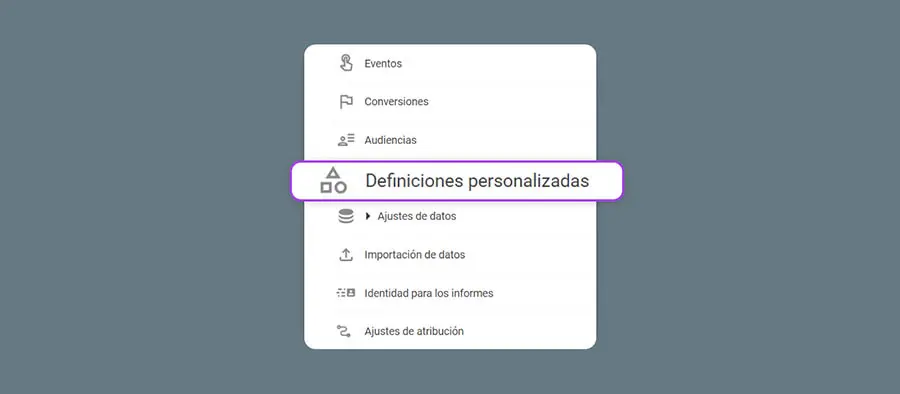 Seleccionando la opción ‘Definiciones personalizadas’ en GA4.