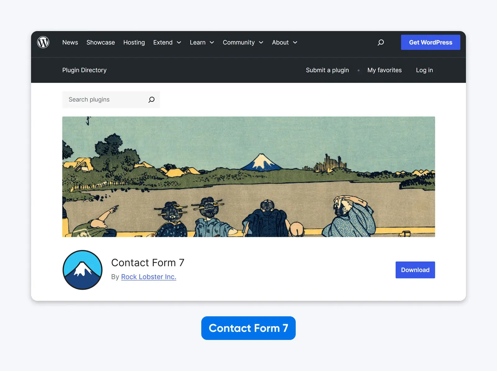 WordPress Plugin Directory page for Contact Form 7 by Rock Lobster Inc., featuring Japanese-style illustration with Mount Fuji.