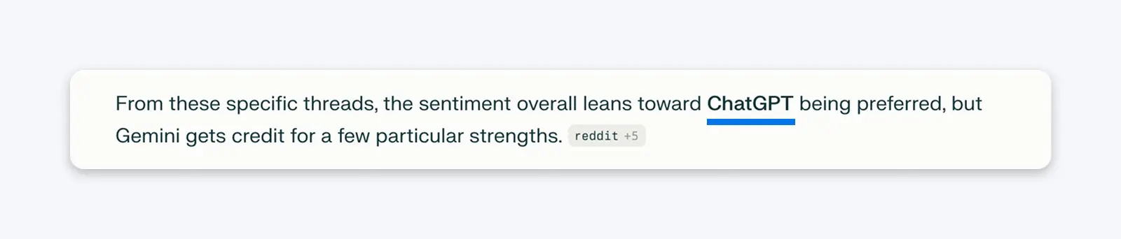 Rounded text box with excerpt: “sentiment overall leans toward ChatGPT being preferred, but Gemini gets credit for a few strengths.”