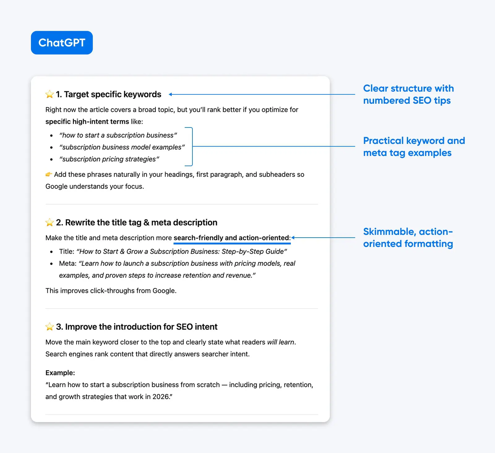 ChatGPT SEO tips box with three numbered suggestions and blue callouts highlighting structure, examples, and formatting.