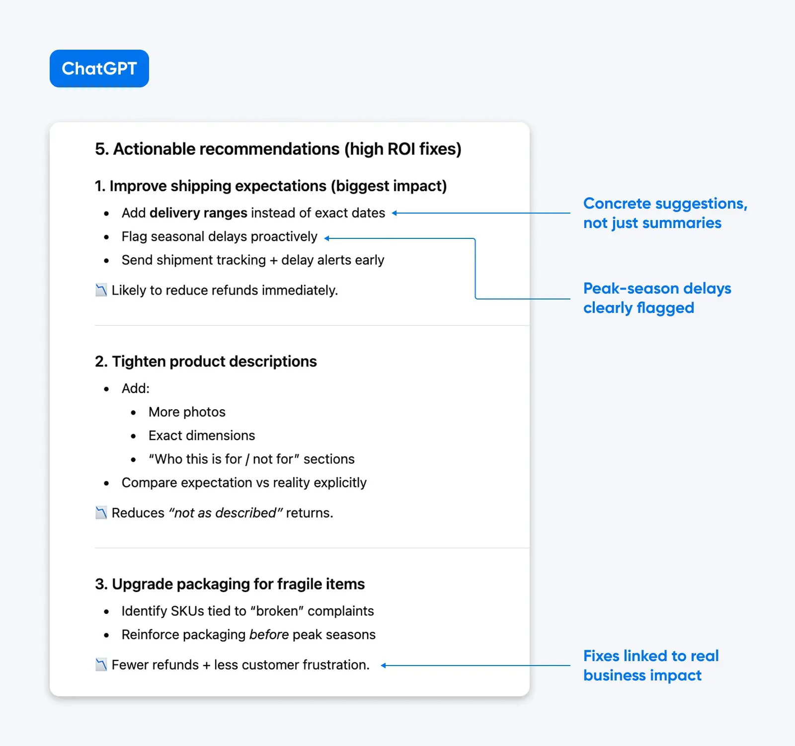 ChatGPT tips for reducing refunds: improve shipping expectations, tighten product details, and upgrade fragile packaging, with clear, high-impact callouts.