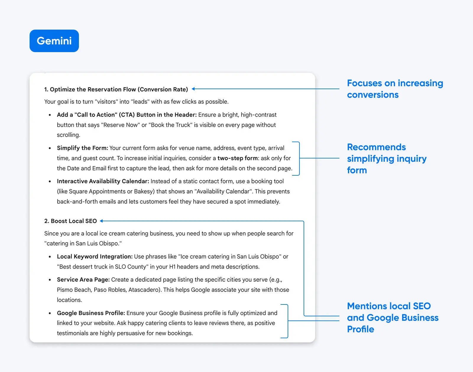 Gemini interface highlighting suggestions to improve conversion rates and local SEO, including CTA buttons, two-step forms, booking tools, and Google Business Profile tips.