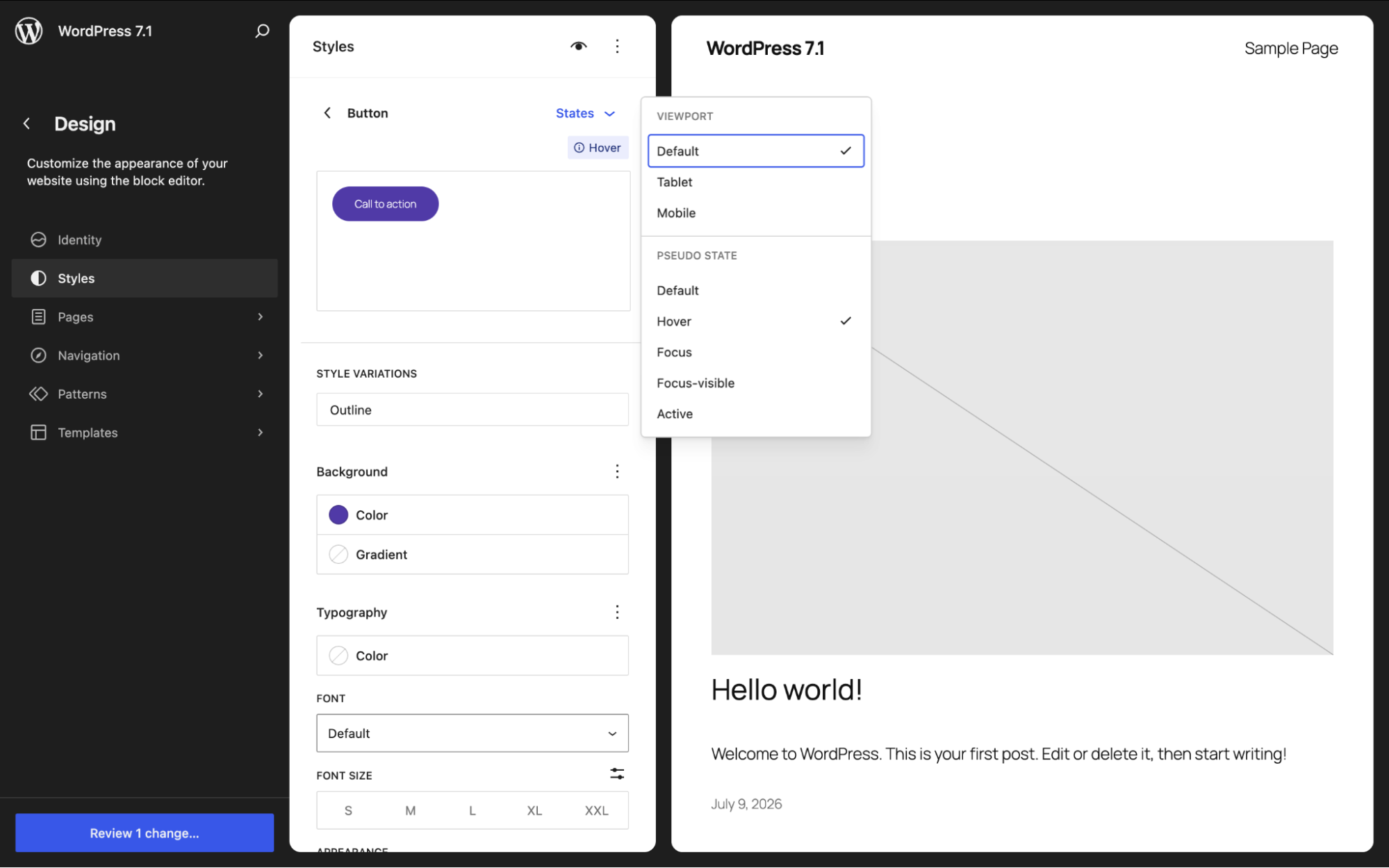 WordPress 7.1 design interface showing customization panels for styles, colors, typography, with live site preview.